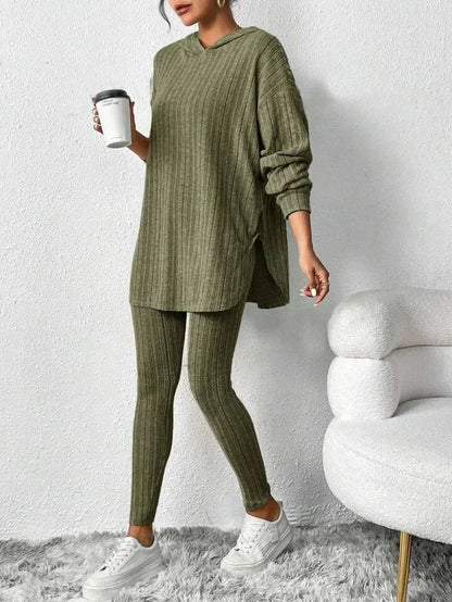 Flat lay of a women's ribbed knit lounge set, including a long-sleeve hoodie and soft leggings.