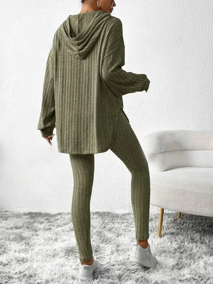Back view of the women's ribbed knit hoodie and leggings lounge set, offering ultimate comfortable casual wear.
