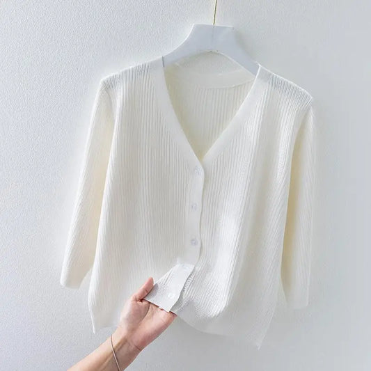 Women's soft ribbed knit v-neck cardigan, long sleeve & button front. Comfortable layering piece for casual wear.