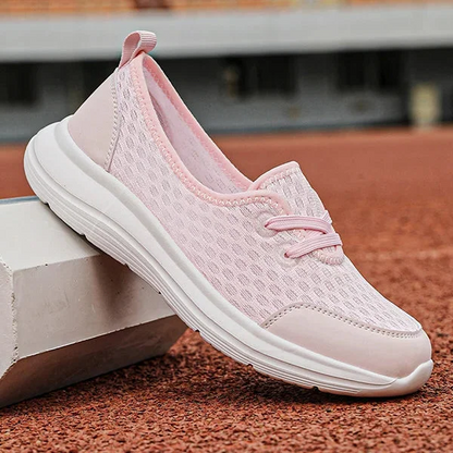 Top-down view of women's soft sole shoes, featuring arch support & adaptive footbed for all-day comfort.