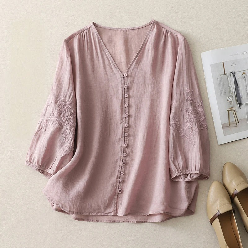 Women's Solana embroidered flowy blouse, long sleeve, button-front for casual elegance & summer fashion.