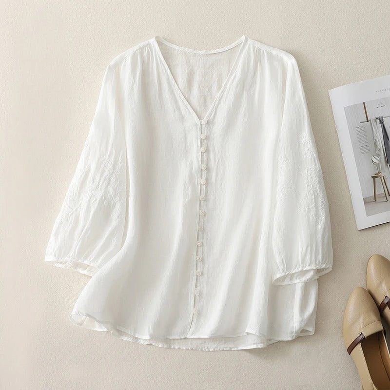Chic women's flowy embroidered top, comfortable long sleeve blouse, perfect for versatile casual wear.