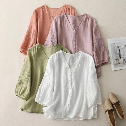 Solana women's embroidered flowy blouse, long sleeve & button-front, a versatile and elegant summer top.