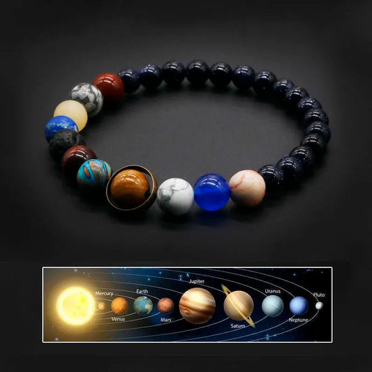 Women's Solar System gemstone bracelet with natural planet beads, perfect astronomy gift.