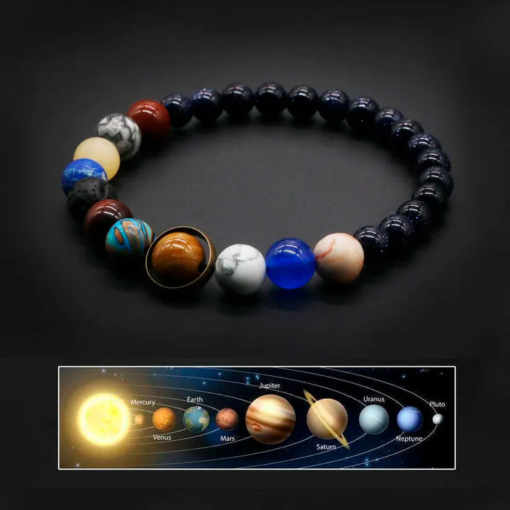 Women's Solar System gemstone bracelet with natural planet beads, perfect astronomy gift.