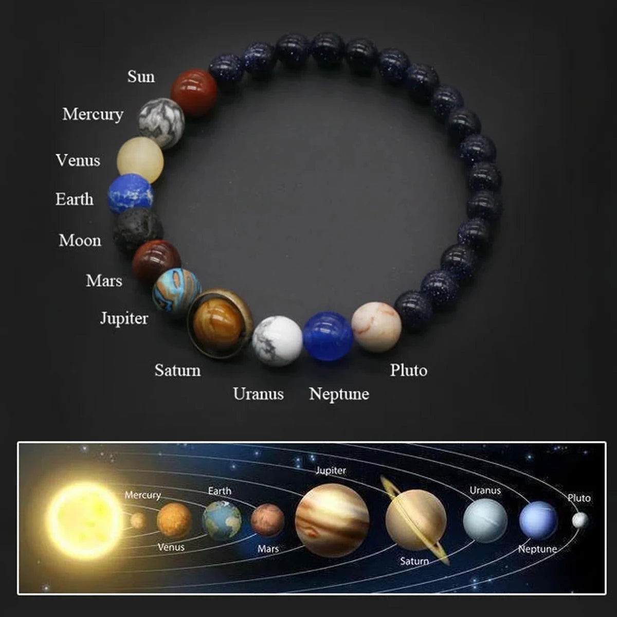 Beaded stretch bracelet for women, featuring colorful gemstone planet beads, perfect for space lovers.