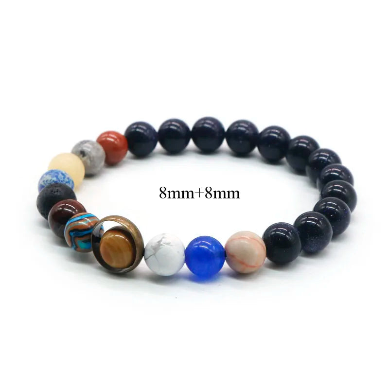 Stylish women's solar system gemstone bracelet, a unique beaded stretch gift for astronomy enthusiasts.