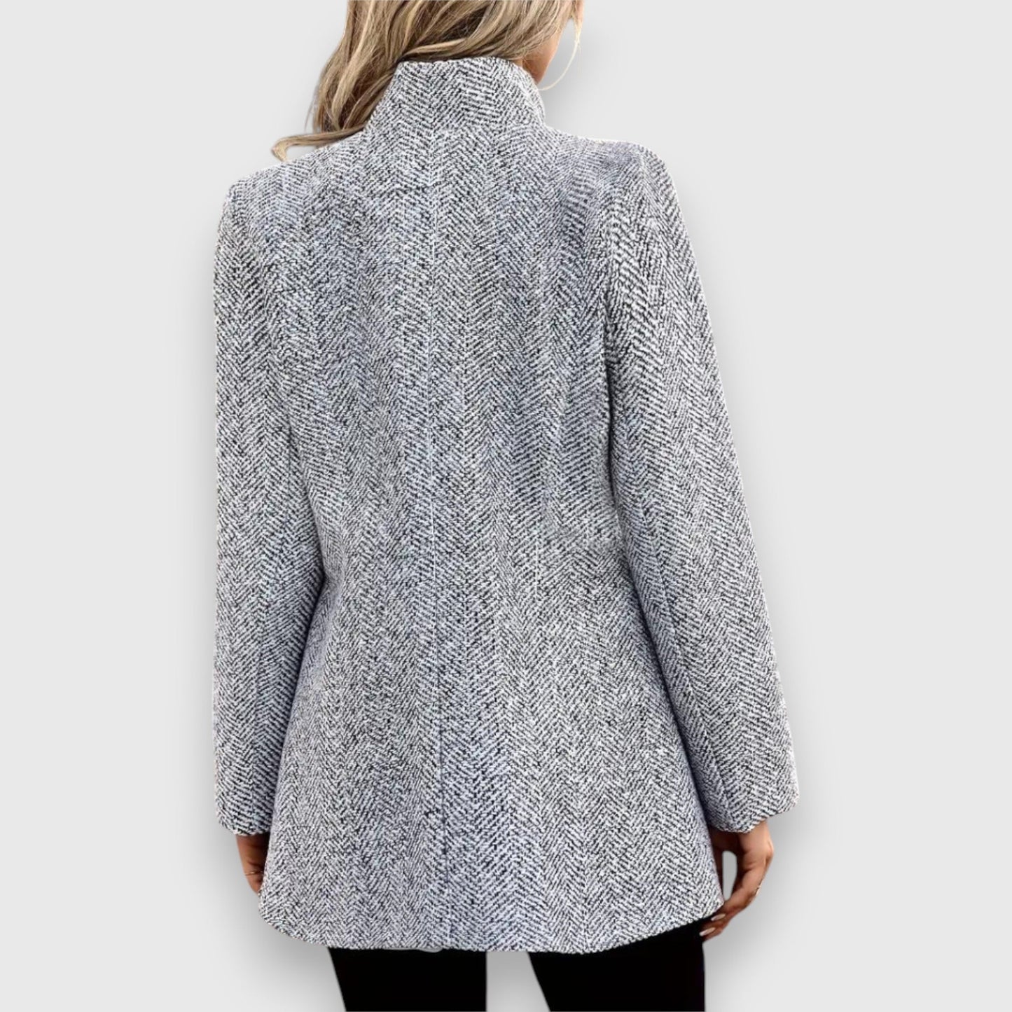 Professional women's tailored gray blazer, perfect for business casual, elegant events & office fashion.