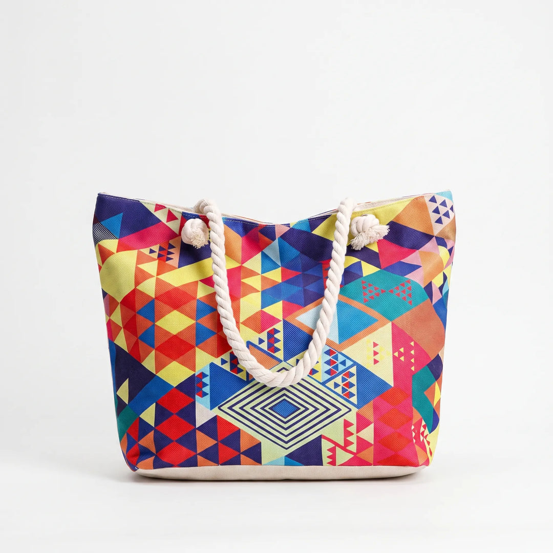 Large women's summer tote bag with a vibrant print, ideal for beach trips & holding essentials.
