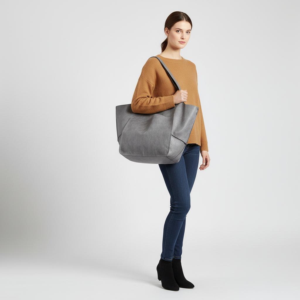 Woman carrying a large capacity vegan leather tote bag, showcasing its comfortable shoulder strap & stylish design.