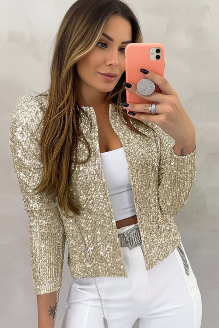 Women's Sparkle Luxe Blazer, perfect for glamorous evening events & parties. Chic open-front sequin jacket.