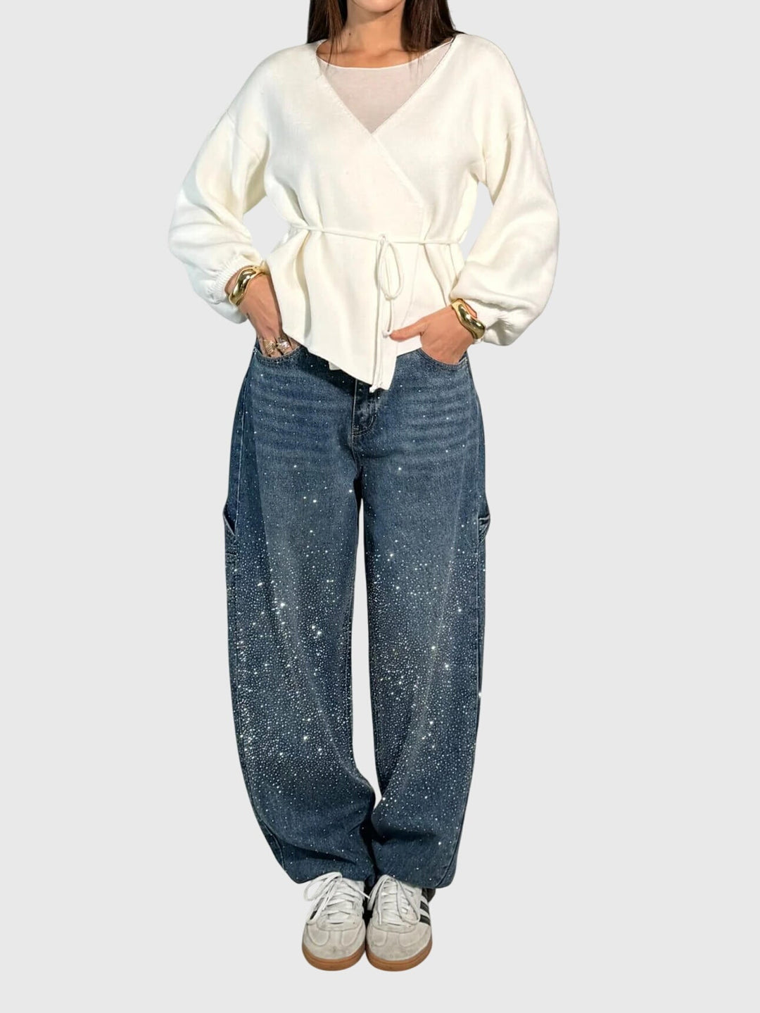 Women's sparkling diamond-detail loose fit pants in elegant black. Perfect for evening wear.