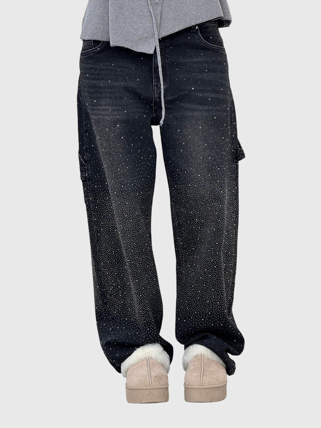 Versatile women's sparkling diamond-detail loose fit pants in black, suitable for many events.