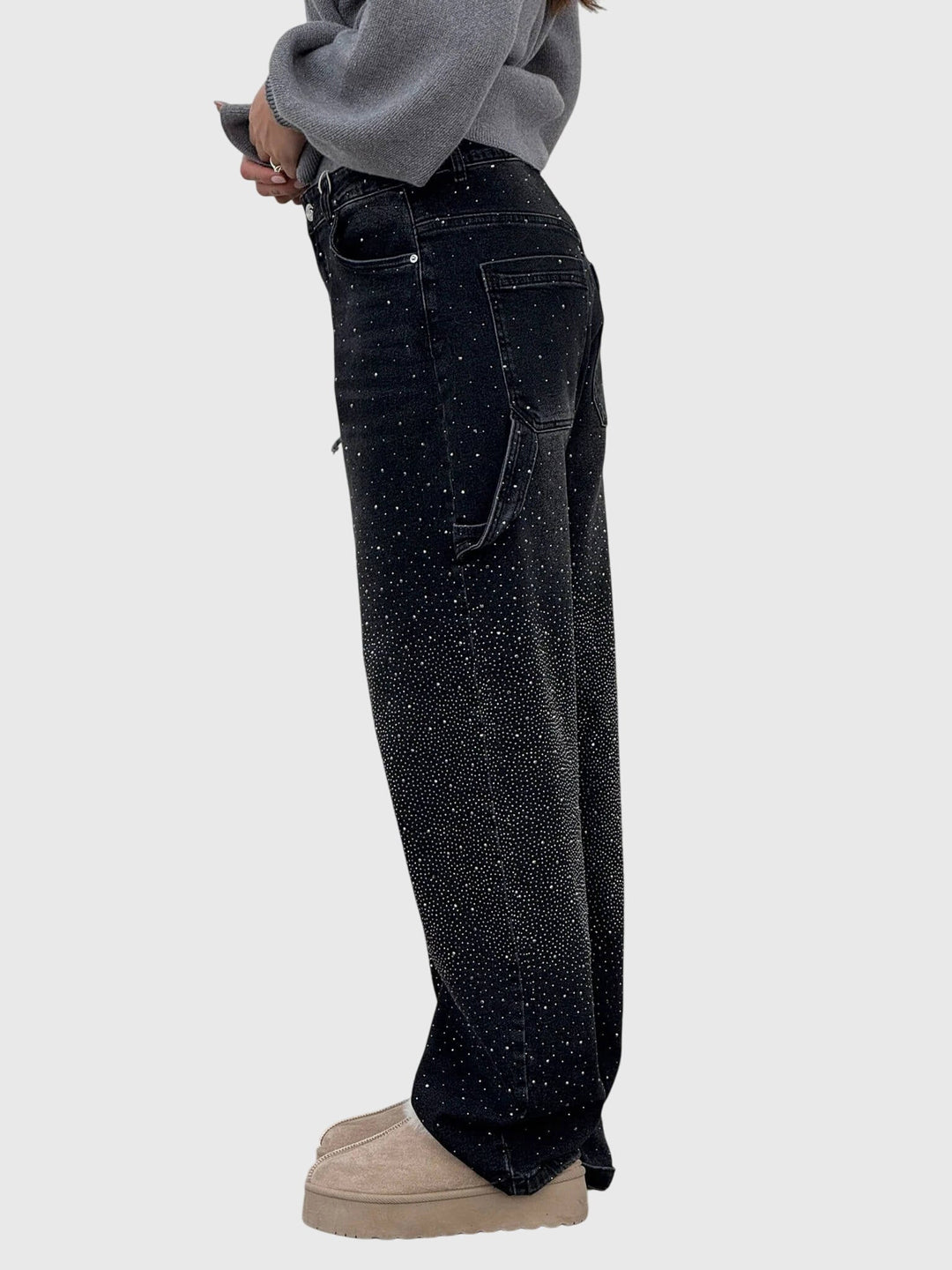 Women's comfortable loose fit pants with delicate sparkling diamond patterns.