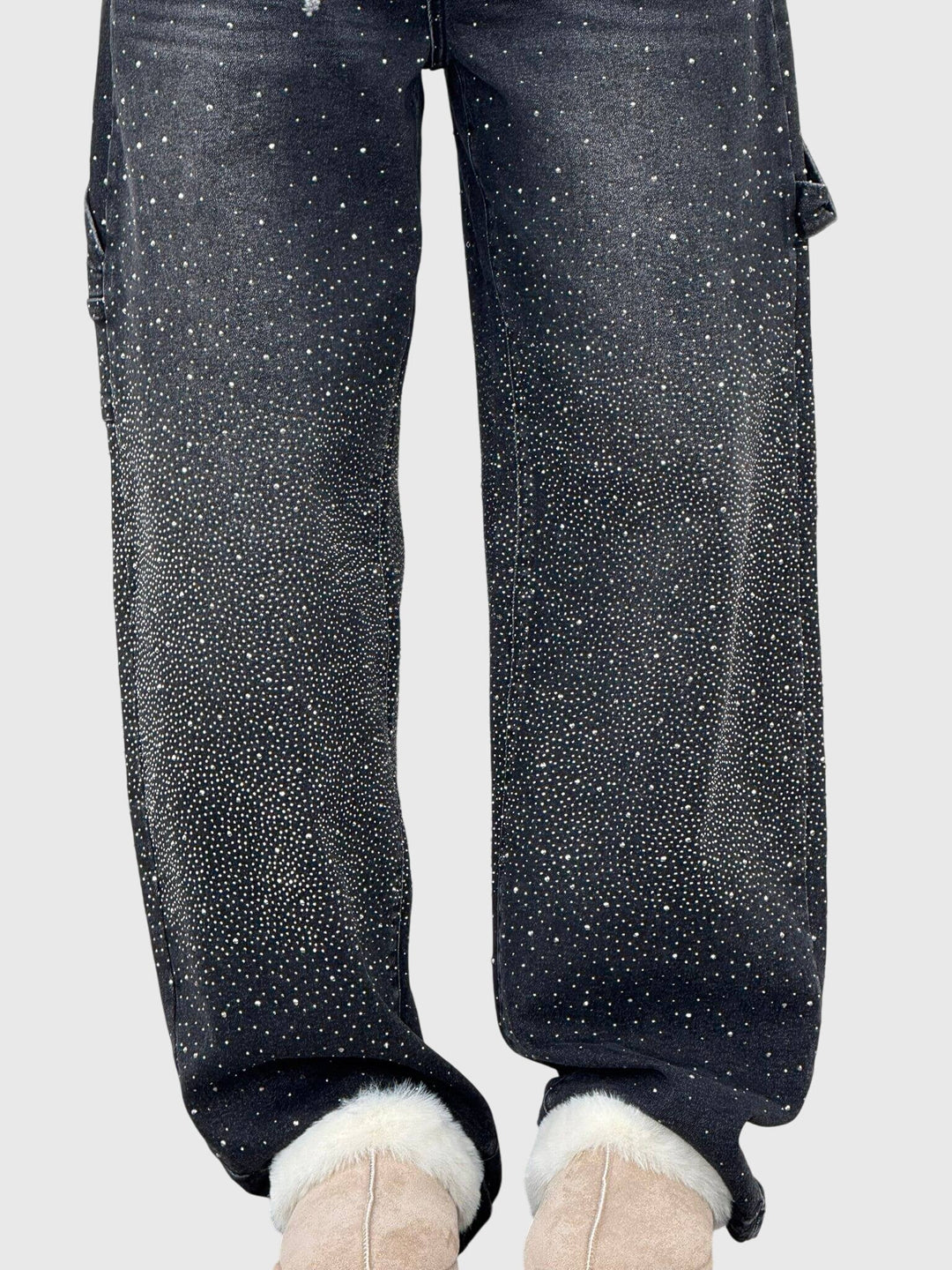 Statement blue women's sparkling diamond-detail loose fit pants for a glamorous outfit.