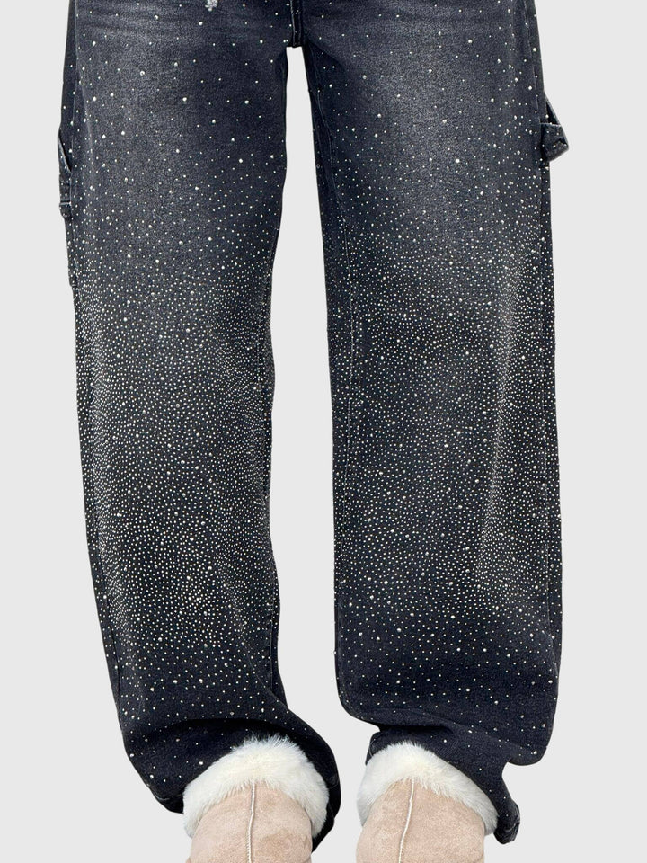 Statement blue women's sparkling diamond-detail loose fit pants for a glamorous outfit.