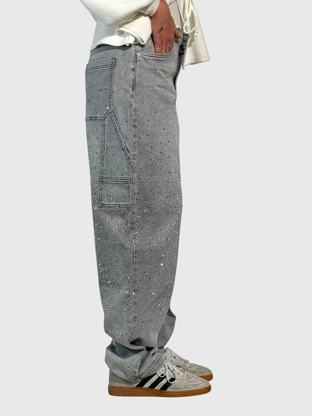 Luxurious women's sparkling diamond-detail loose fit pants in gray for refined style.