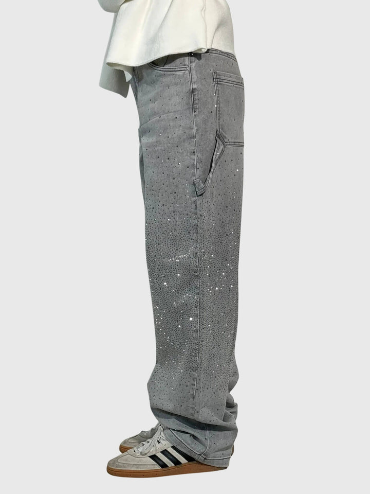 Full shot of women's sparkling diamond-detail loose fit pants, emphasizing relaxed comfort.