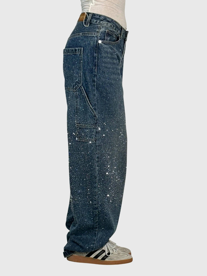 Chic blue women's sparkling diamond-detail loose fit pants, combining comfort with style.