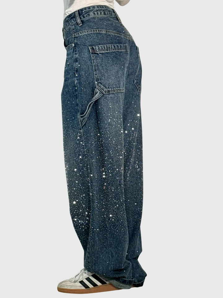 Stylish gray women's loose fit pants with subtle sparkling diamond details. Casual chic.