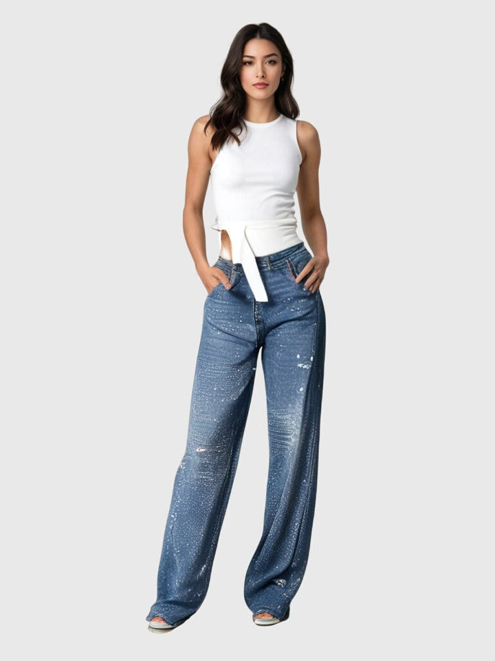 Model wearing women's versatile sparkling diamond loose fit pants for a statement look.
