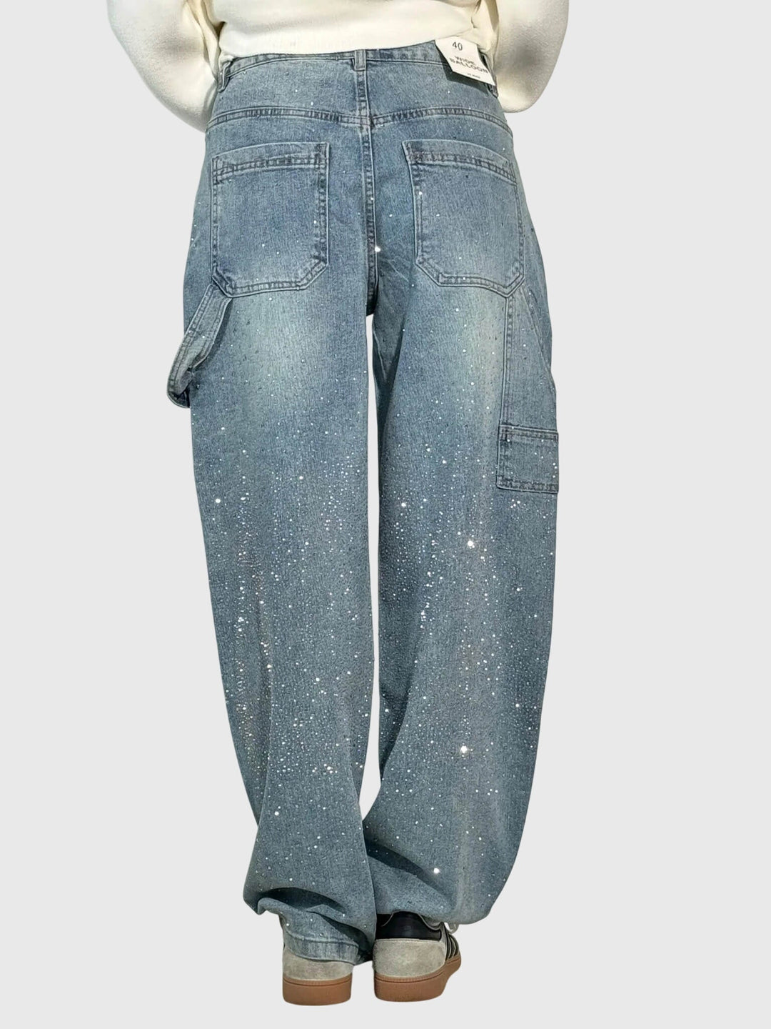 Flowy women's blue sparkling diamond-detail loose fit pants, ideal for evening occasions.