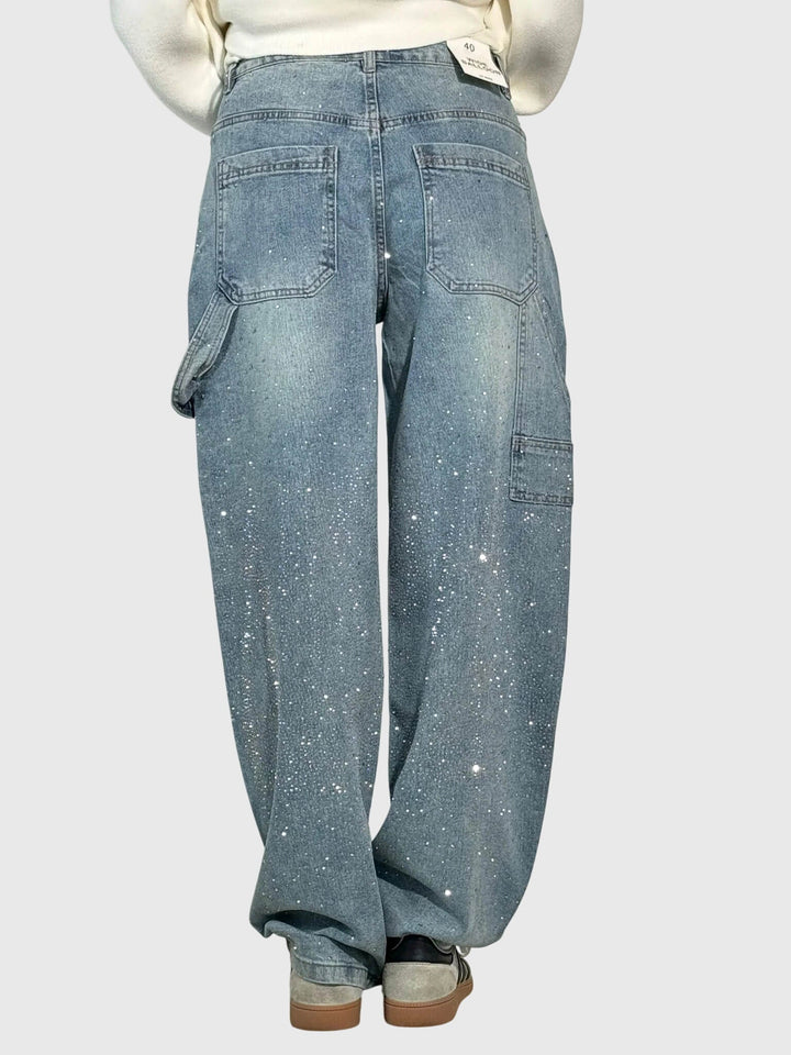 Flowy women's blue sparkling diamond-detail loose fit pants, ideal for evening occasions.