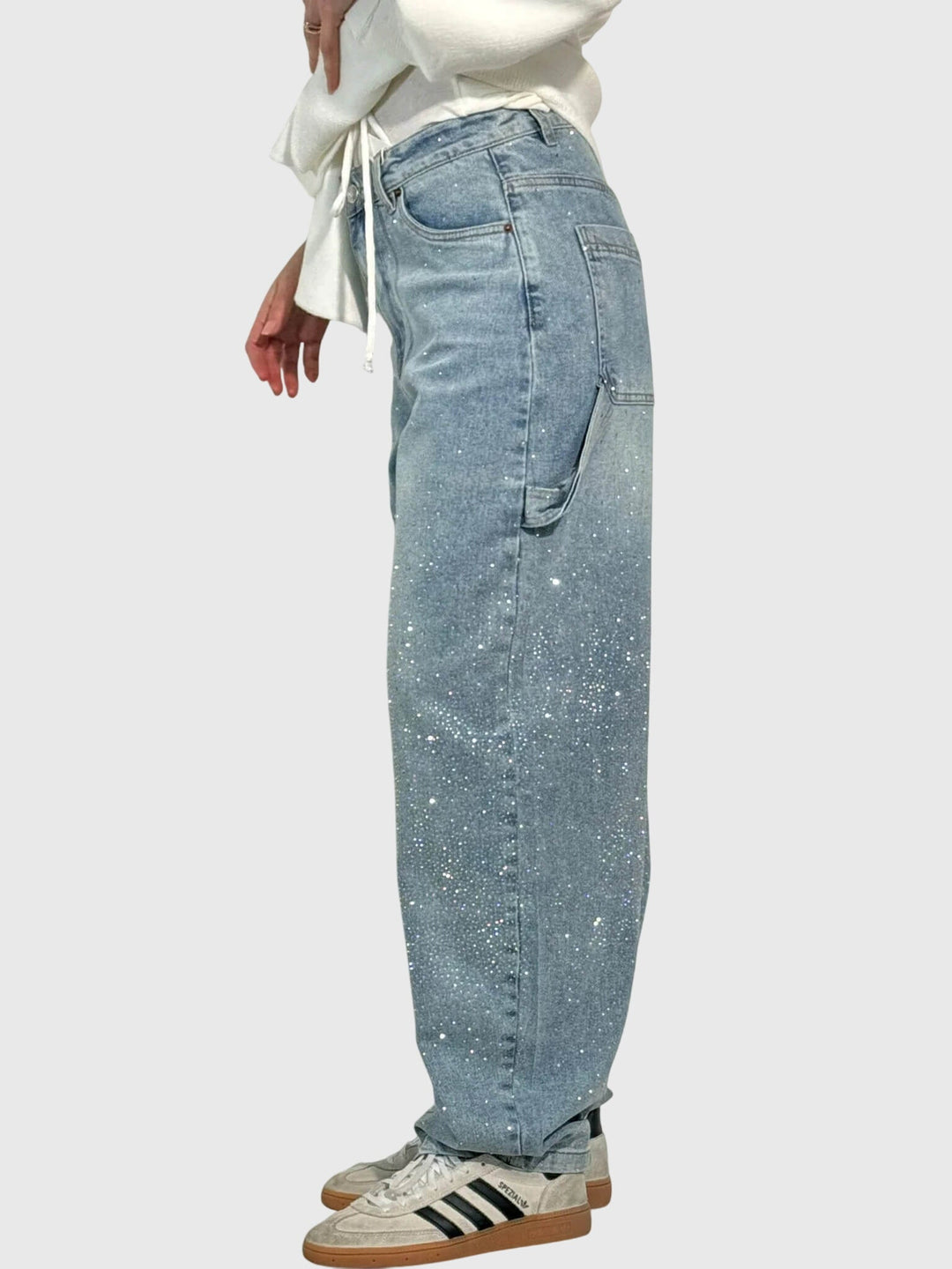 Comfortable gray women's loose fit pants featuring sparkling diamond embellishments.