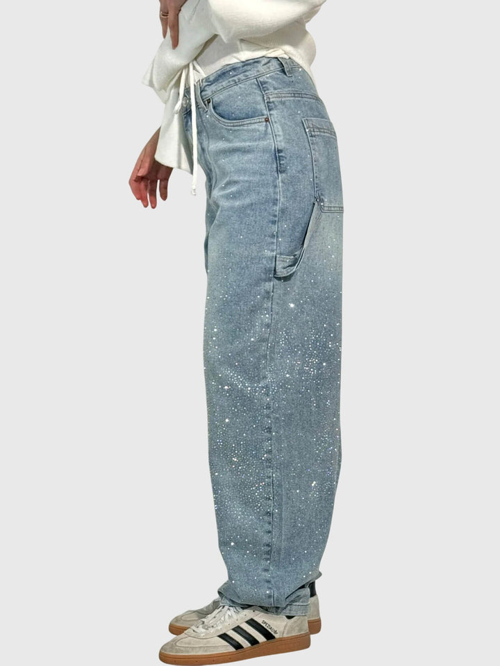 Comfortable gray women's loose fit pants featuring sparkling diamond embellishments.
