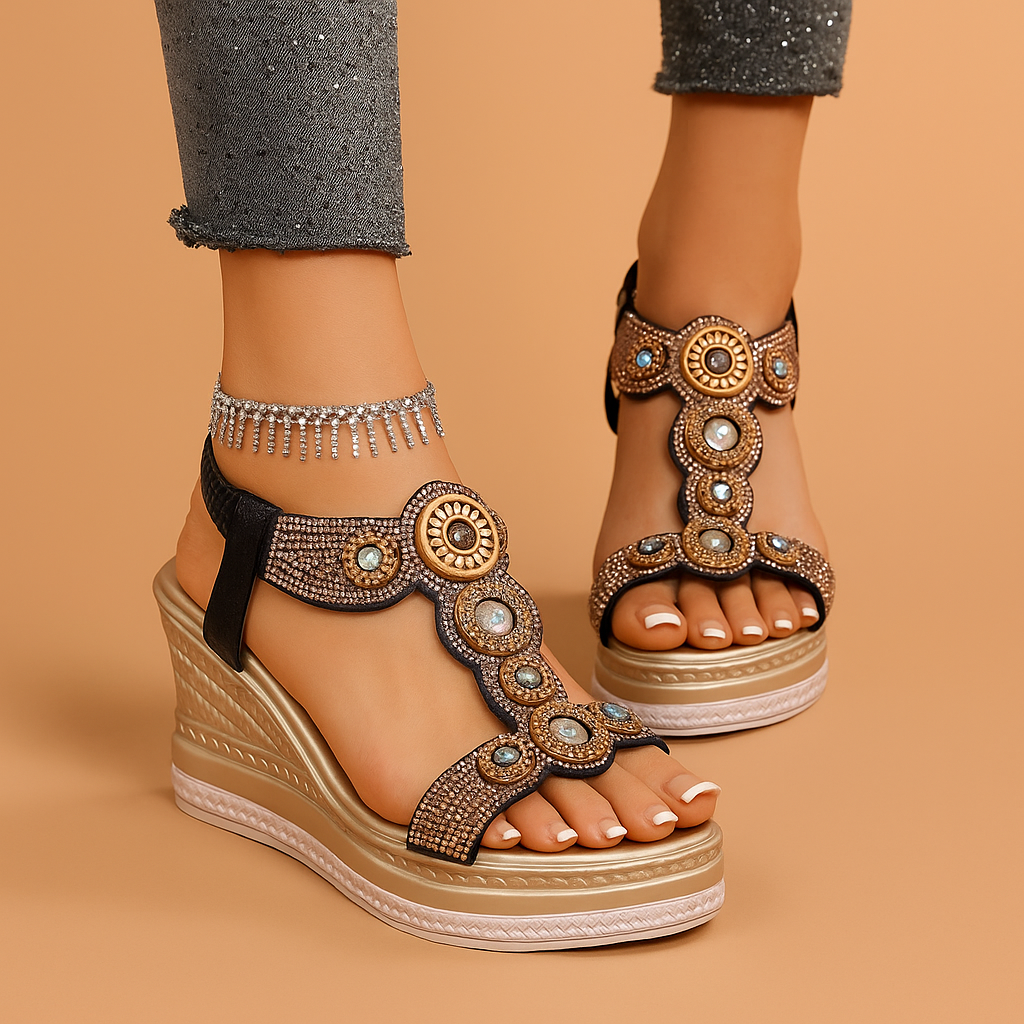 Stylish gold gem wedges for women, offering comfortable footwear and a glamorous touch for any event.