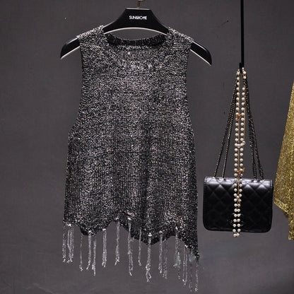 Chic women's sparkle top, a sleeveless fashion piece for glamorous evening wear & special occasions.