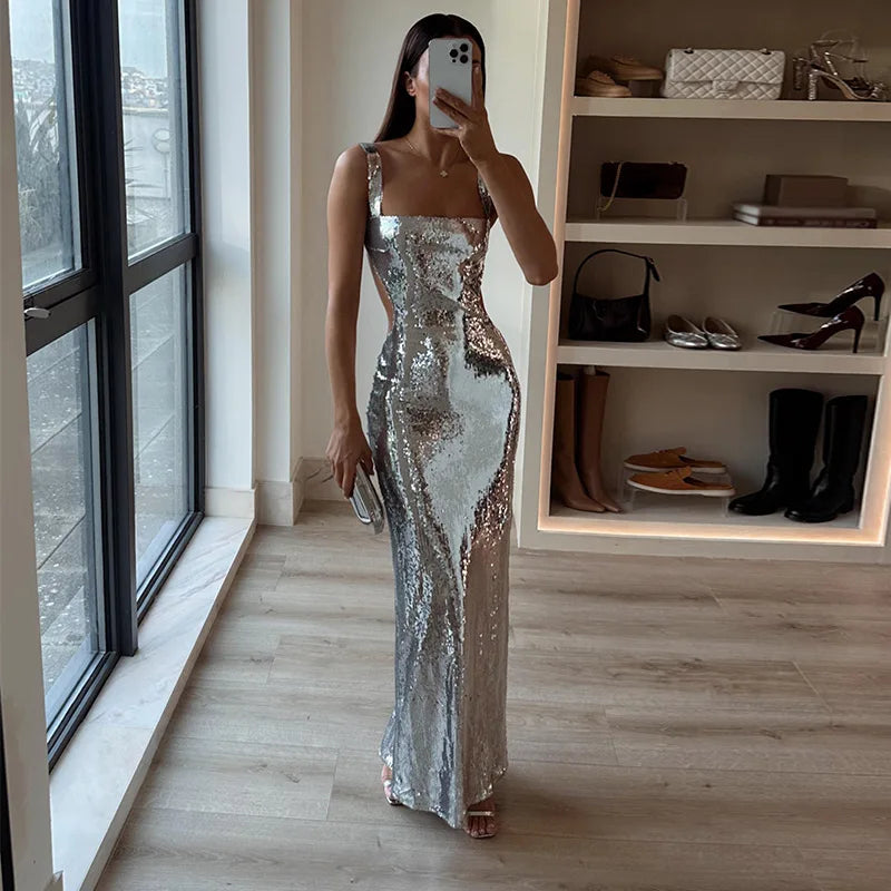Women's sparkling maxi dress, elegant design for evening parties, special occasions & formal wear.