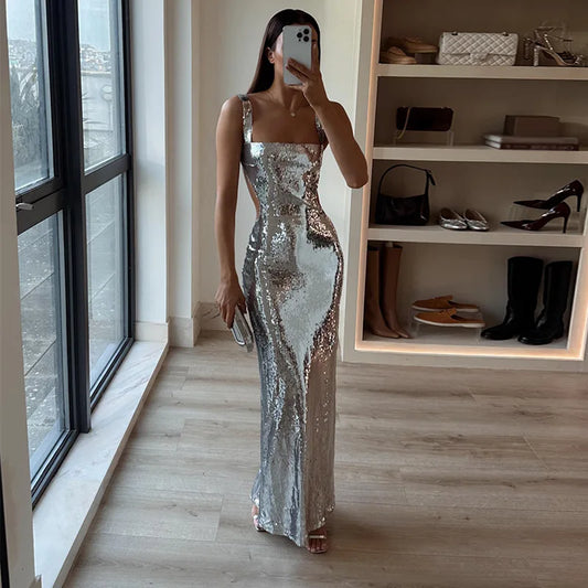 Women's sparkling maxi dress, elegant design for evening parties, special occasions & formal wear.
