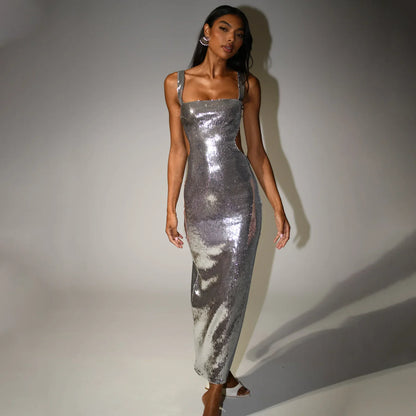 Elegant silver sparkling maxi dress for women, ideal as a formal gown or glamorous party dress.