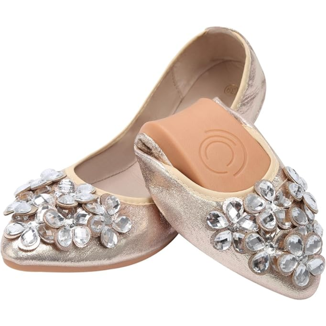 Elegant and comfortable women's ballerina flats, with sparkling rhinestones for any party.