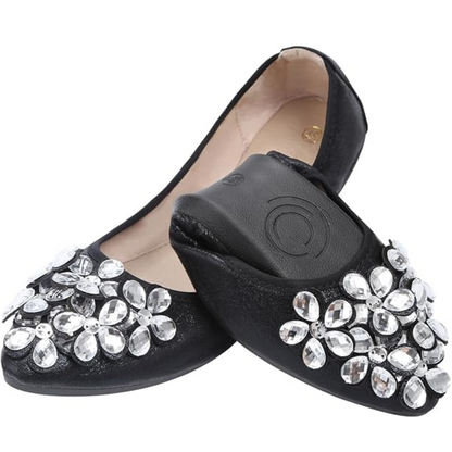 Foldable travel shoes for women: rhinestone sparkling ballerina flats, comfortable & stylish.