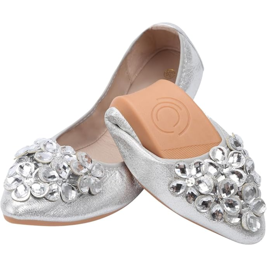 Women's glamorous evening flats: sparkling rhinestone ballerina shoes, perfect for comfort & style.