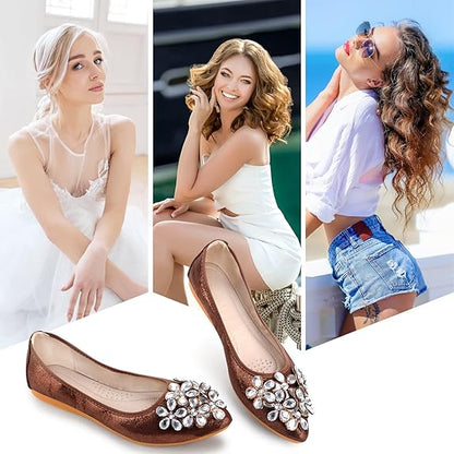 Dressy women's rhinestone sparkle flats, ideal for travel, parties & evening events.