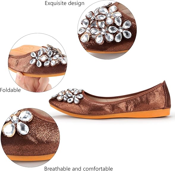 Foldable rhinestone ballerina flats for women, combining travel comfort with dazzling glamour.