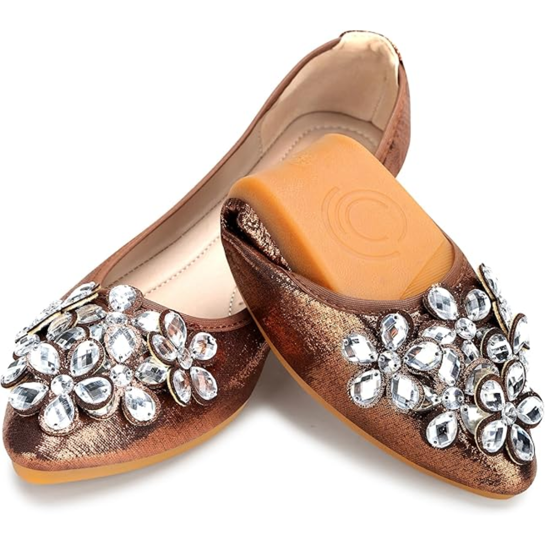 Chic women's dressy flats: rhinestone-embellished ballerina shoes, perfect for elegant occasions.