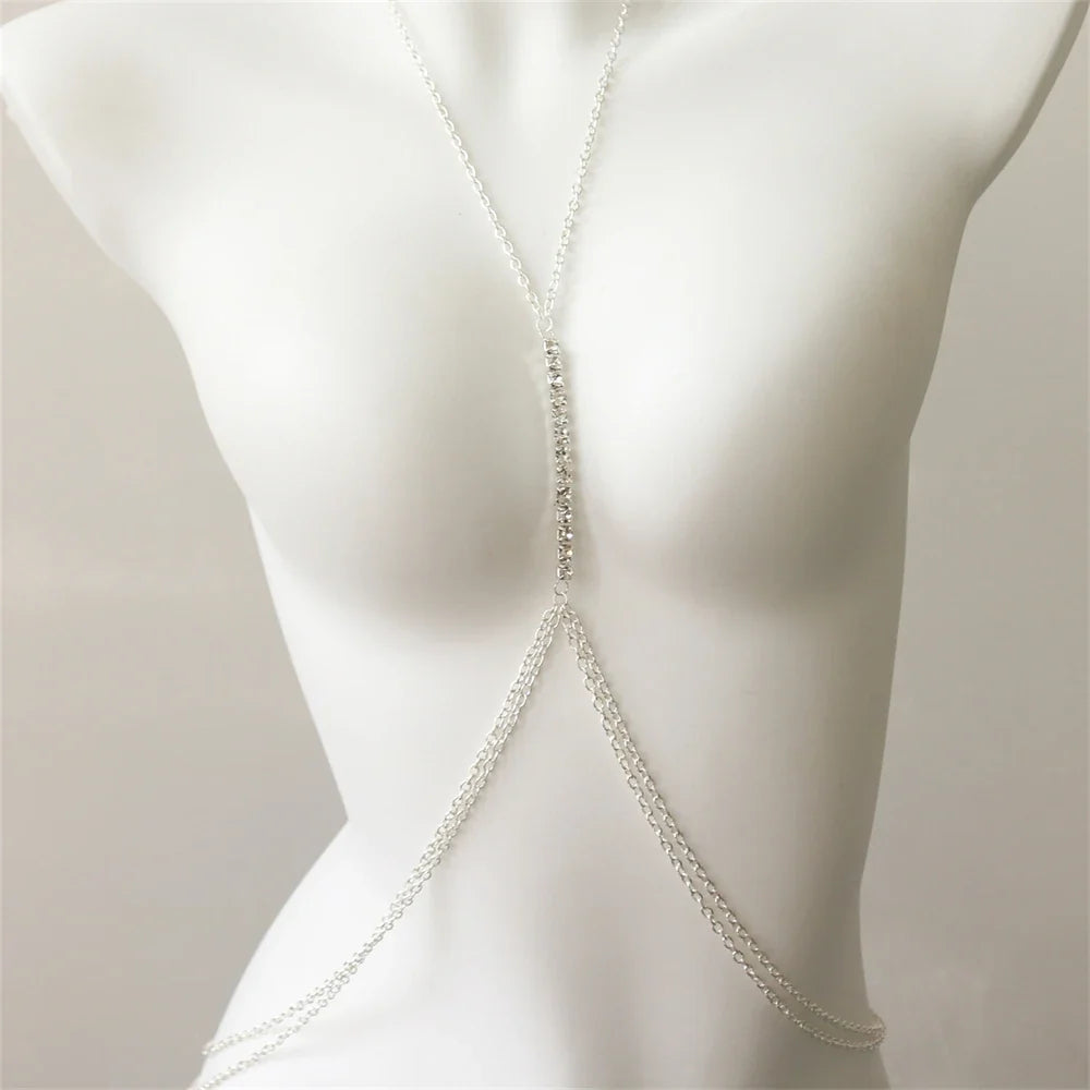 Elegant women's rhinestone bodychain chest necklace, a dazzling statement jewelry for special events and parties.