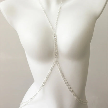 Elegant women's rhinestone bodychain chest necklace, a dazzling statement jewelry for special events and parties.