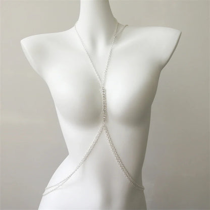 Glamorous women's rhinestone chest necklace with brilliant sparkle, a stunning bodychain jewelry for evening wear.