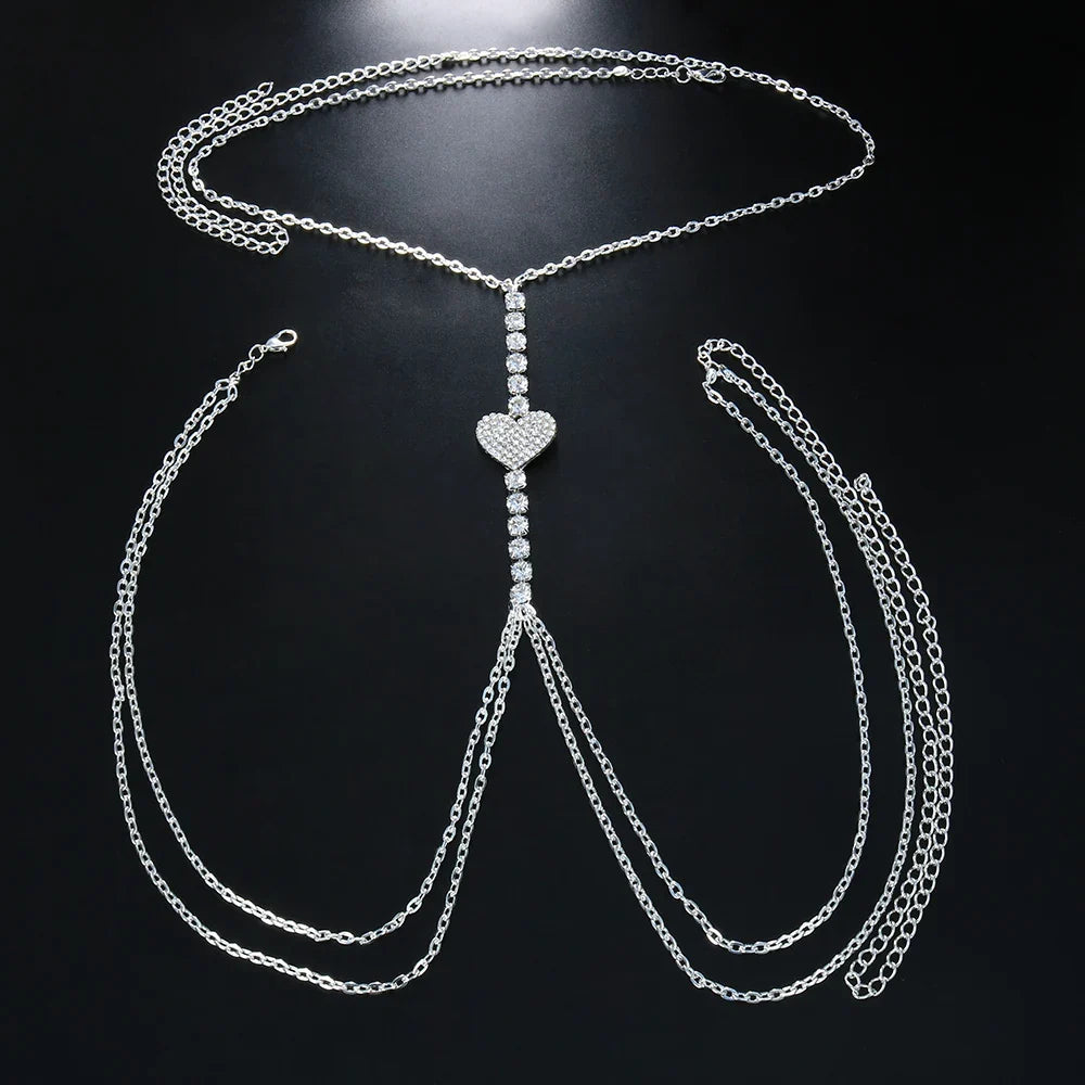 Green stone rhinestone heart chest chain, women's unique body jewelry, sparkling and elegant statement piece.