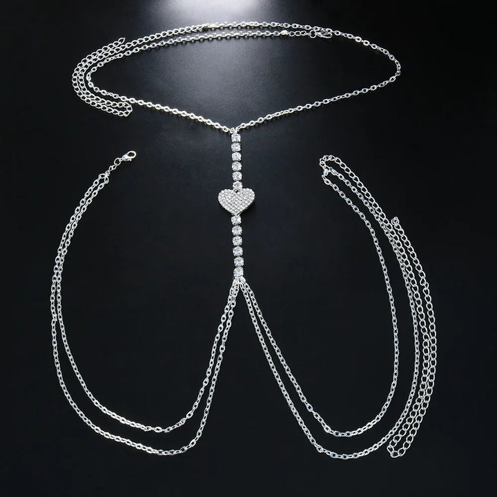 Green stone rhinestone heart chest chain, women's unique body jewelry, sparkling and elegant statement piece.