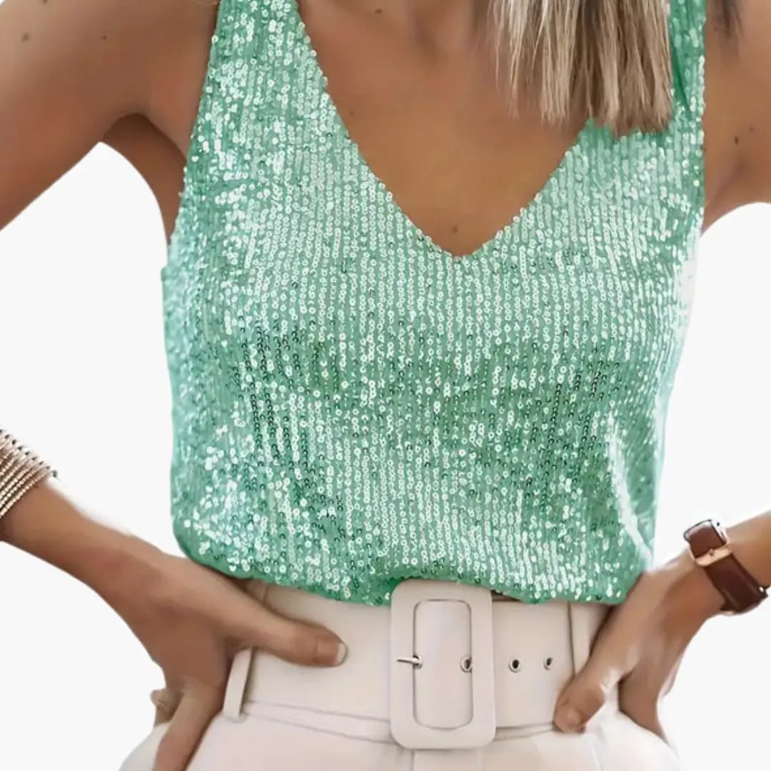 Women's sparkling sequin tank top, elegant round neck sleeveless for evening wear & parties.