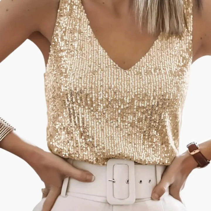 Elegant women's sequin sleeveless top, round neck, sparkling, ideal for party or casual chic.