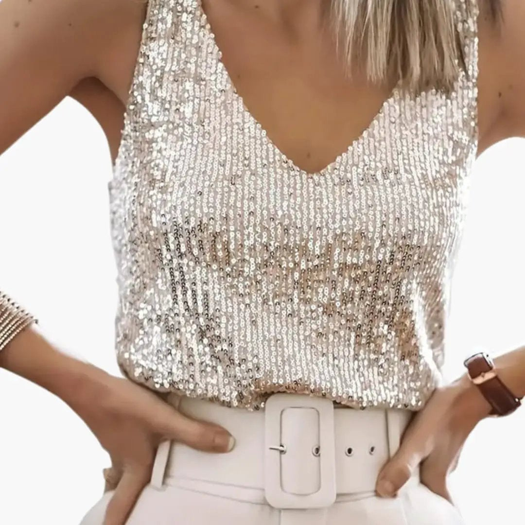 Chic women's sequin tank top, sleeveless round neck, perfect for glittering party style.