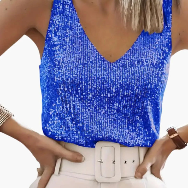 Glittering women's round neck sequin tank top, sleeveless, a dazzling party piece.