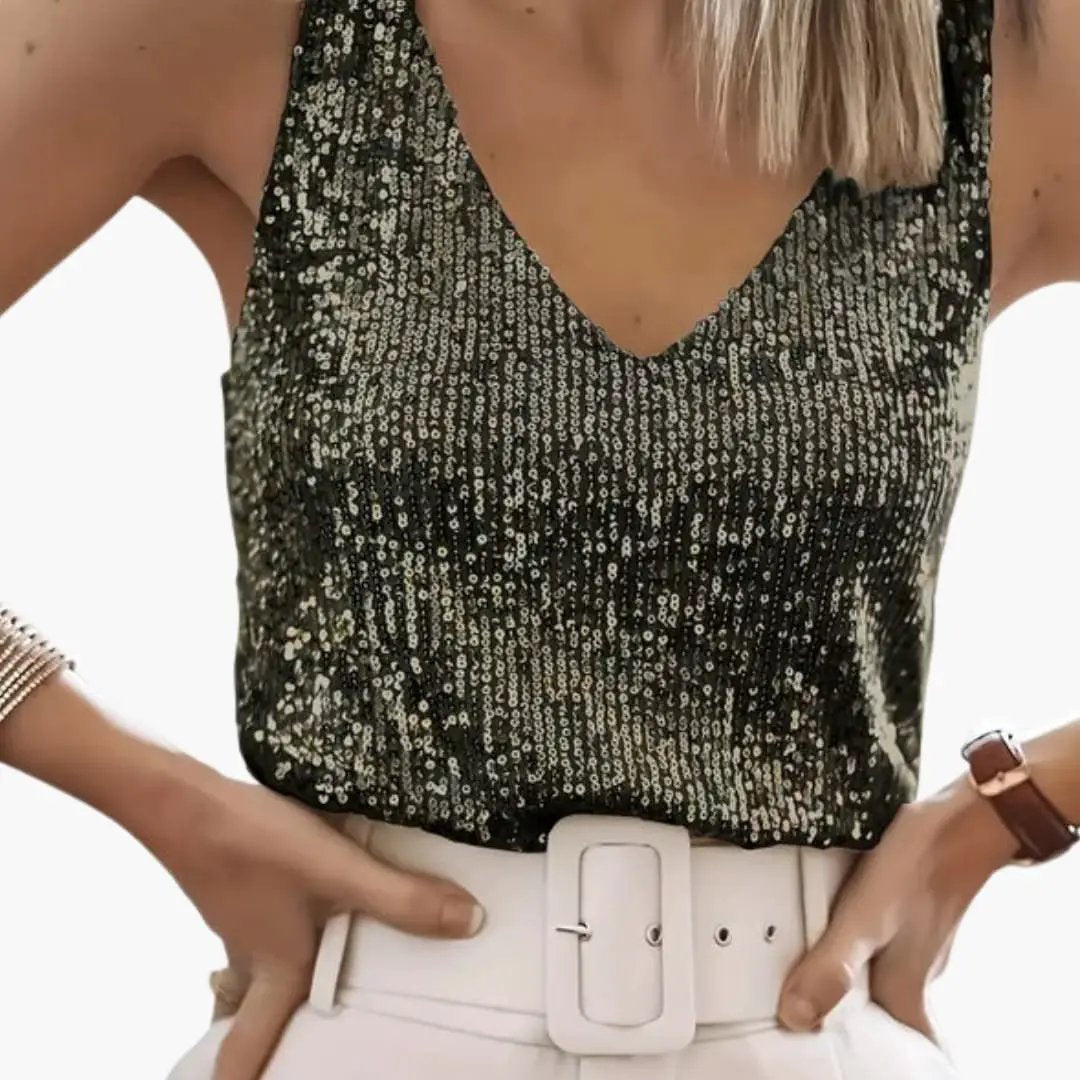 Fashionable women's sleeveless sequin top with round neck, sparkling for evening events.